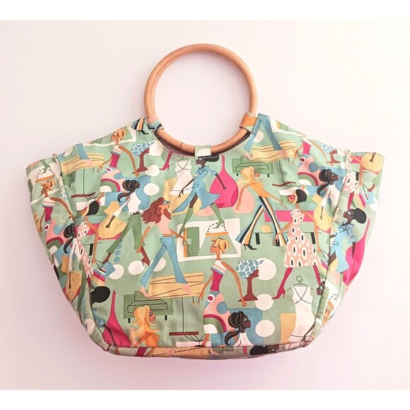 VTG Neiman Marcus Fashion Diva Green Cotton Print Tote Bamboo Ring Handle - Picture 3 of 11